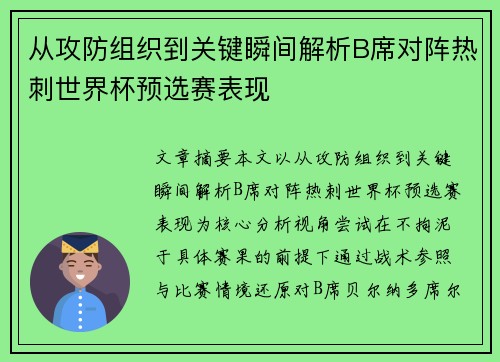从攻防组织到关键瞬间解析B席对阵热刺世界杯预选赛表现